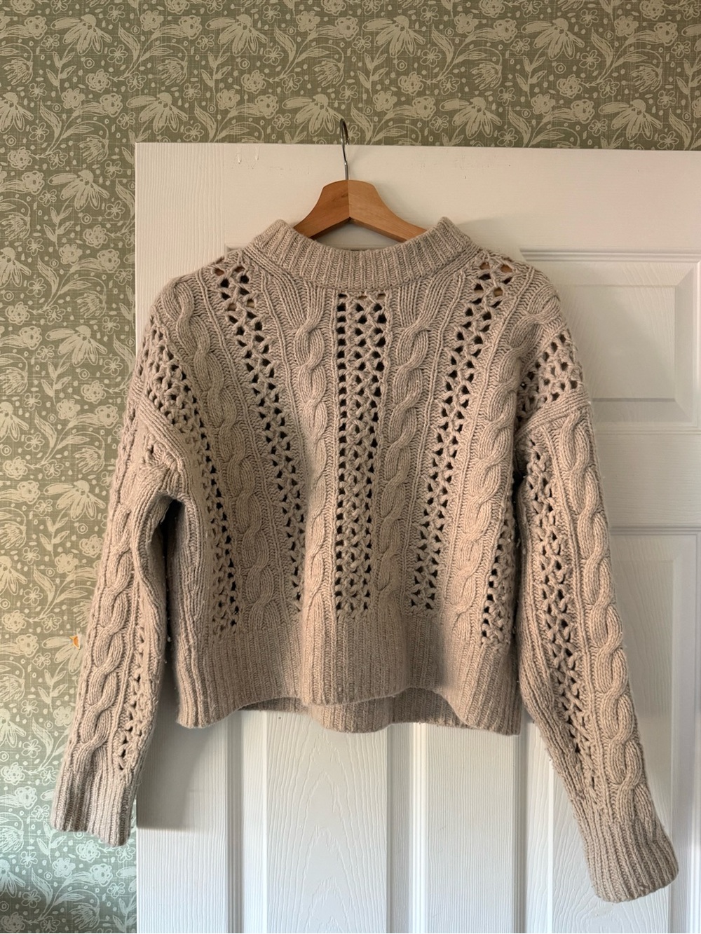 Madewell Beige Openwork Cable-Knit Crewneck Sweater